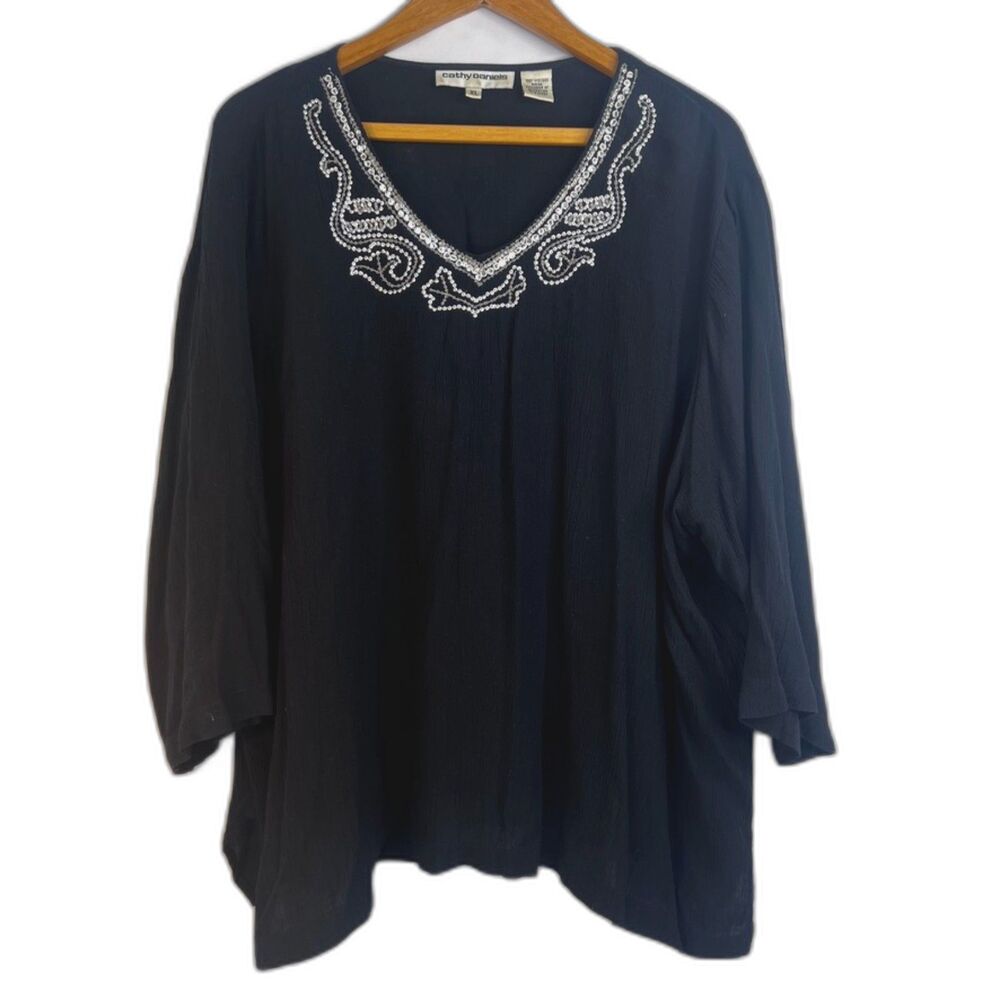 Cathy Daniels Gauzy Beaded Vneck Collar Lightweight Boho Blouse Size XL